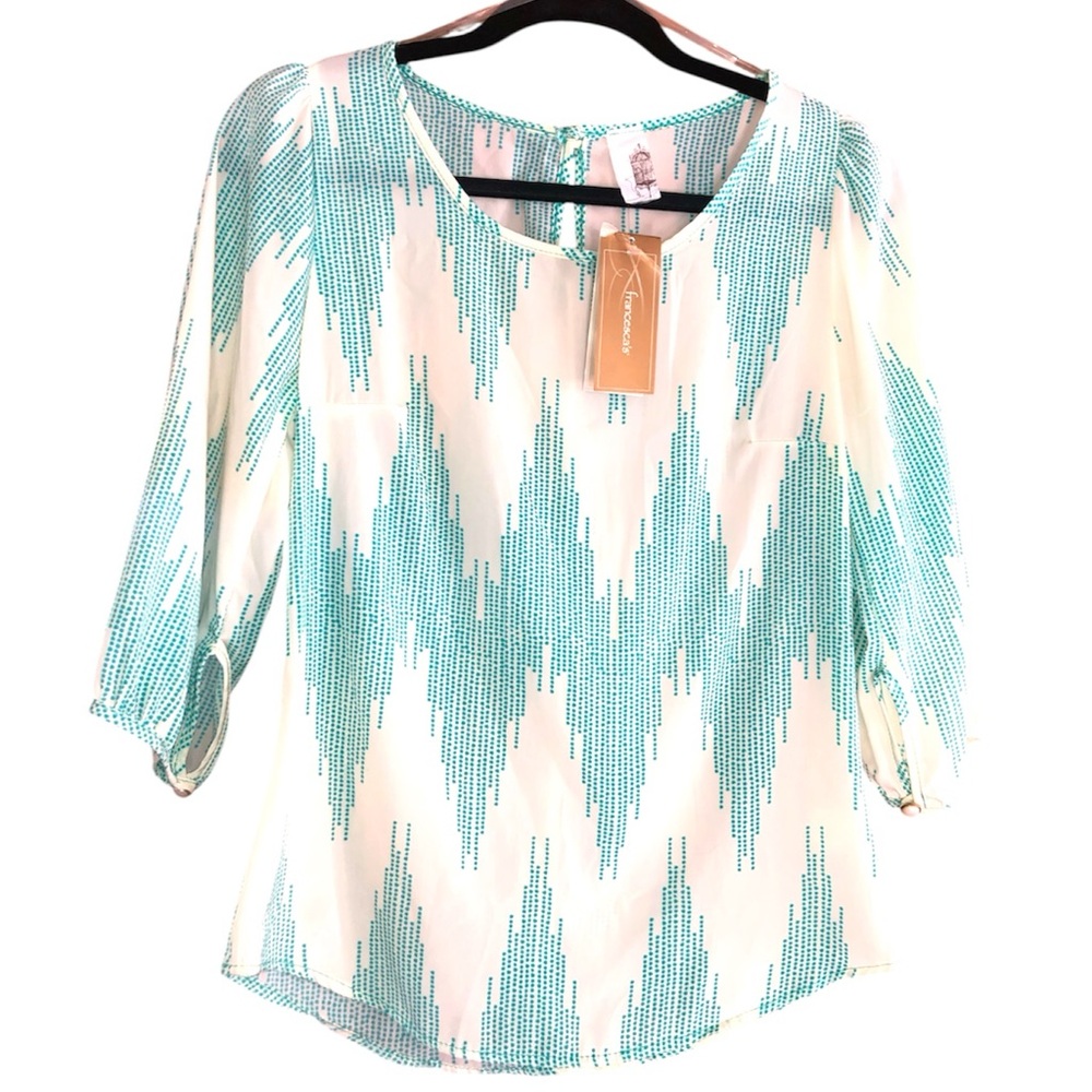 Francesca's New White Teal Boho Blouse 3/4 Sleeves Gold Pearl Buttons S USA Made